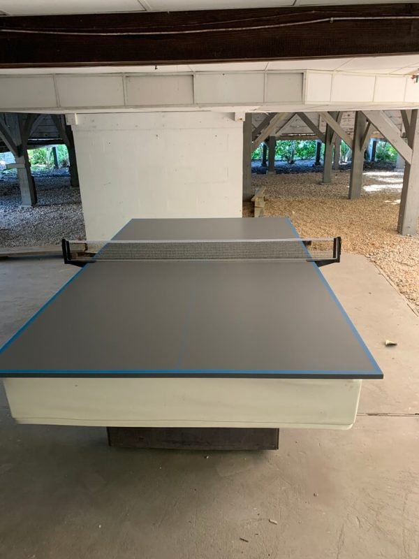 A ping pong table in the middle of an indoor court.